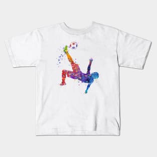 Boy Soccer Player Bicycle Kick Watercolor Kids T-Shirt